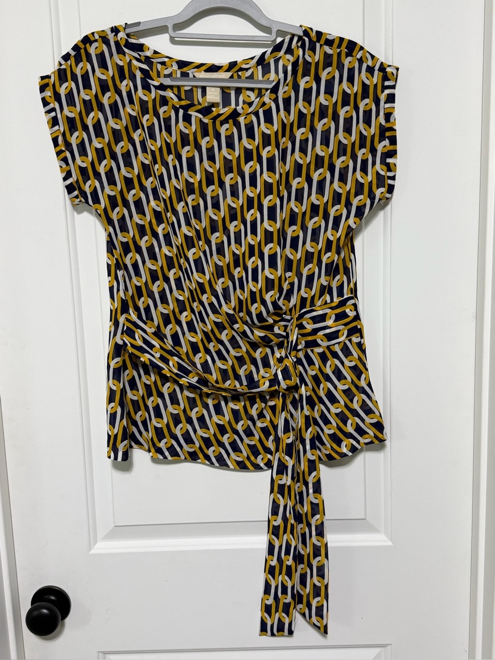 Banana Republic Navy and Yellow Chain-Link Tie-Waist Blouse